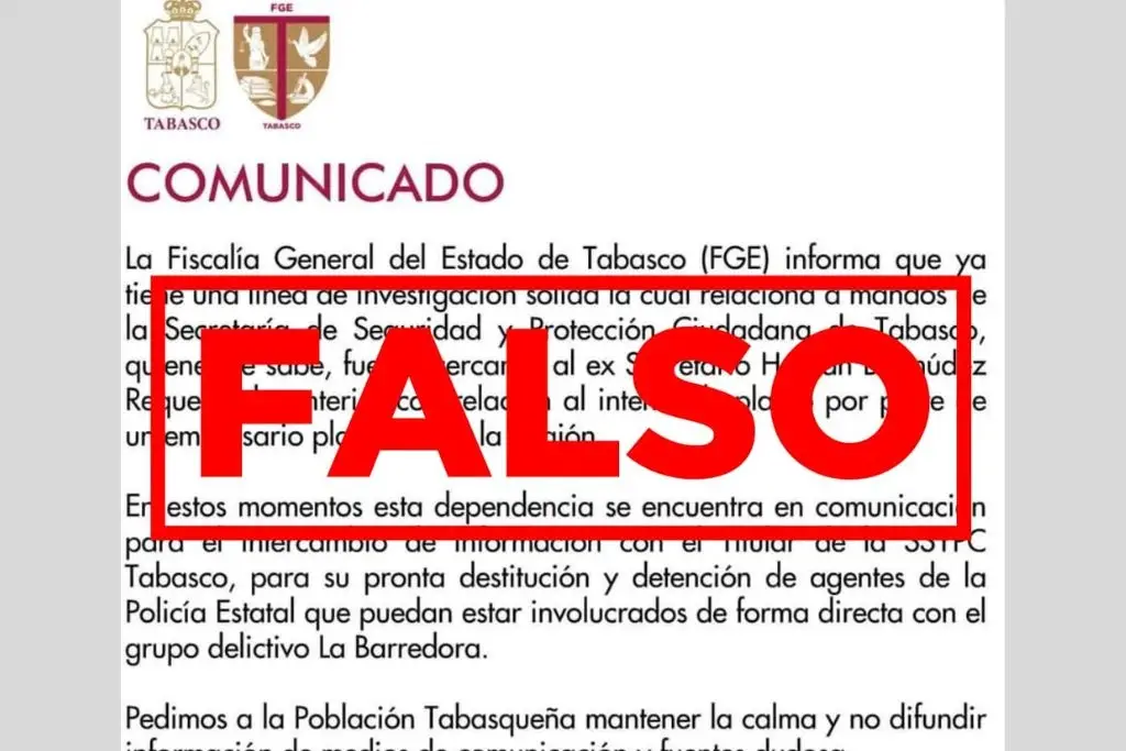 Fiscalía alerta de falso comunicado sobre hechos violentos en Tabasco 