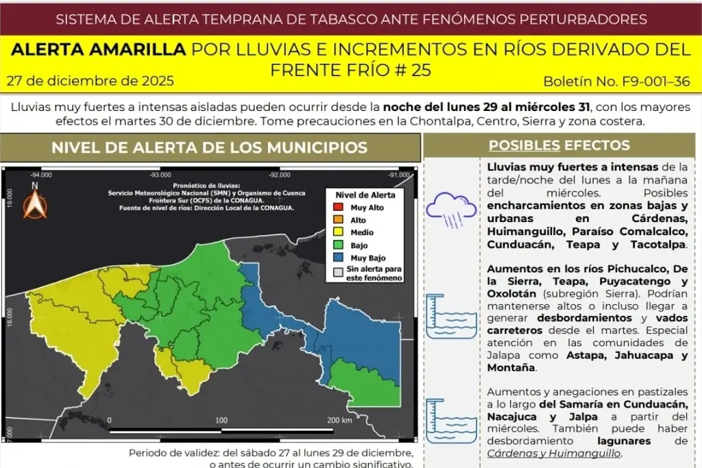 Alerta Amarilla para Tabasco por lluvias intensas del 29 al 31 de diciembre