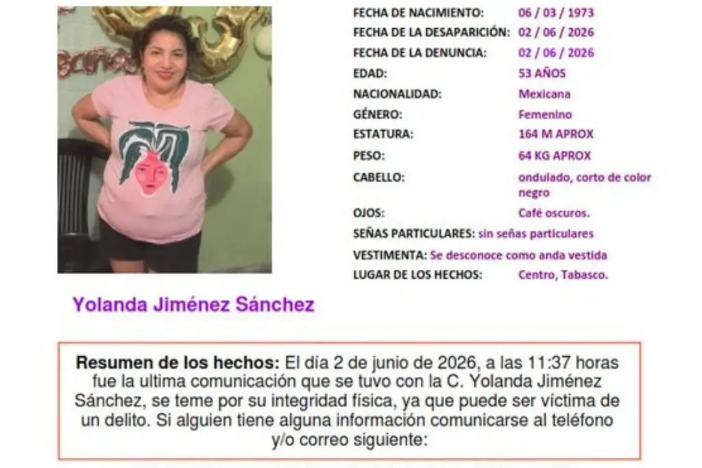 Yolanda Jiménez desaparece tras acudir a entrevista de trabajo en Macuspana